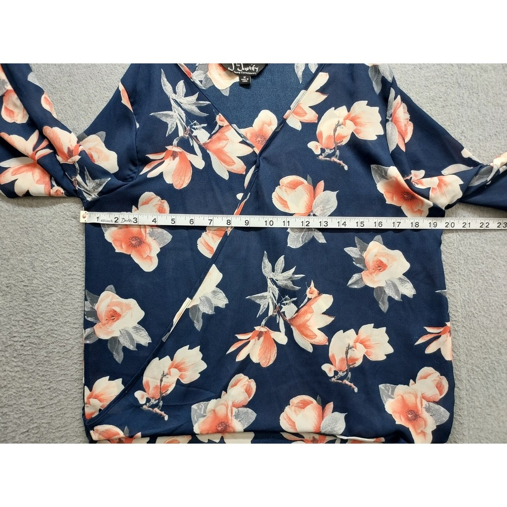 Justify Women Tunic Top M Navy Blue Floral V Neck Long Sleeve Summer Bohemian - Picture 8 of 16